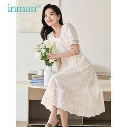 INMAN Women Dress 2023 Summer Puff Sleeve Square Neck Slim Waist Lace Embroidery French Style Elegant Mid-length Skirt