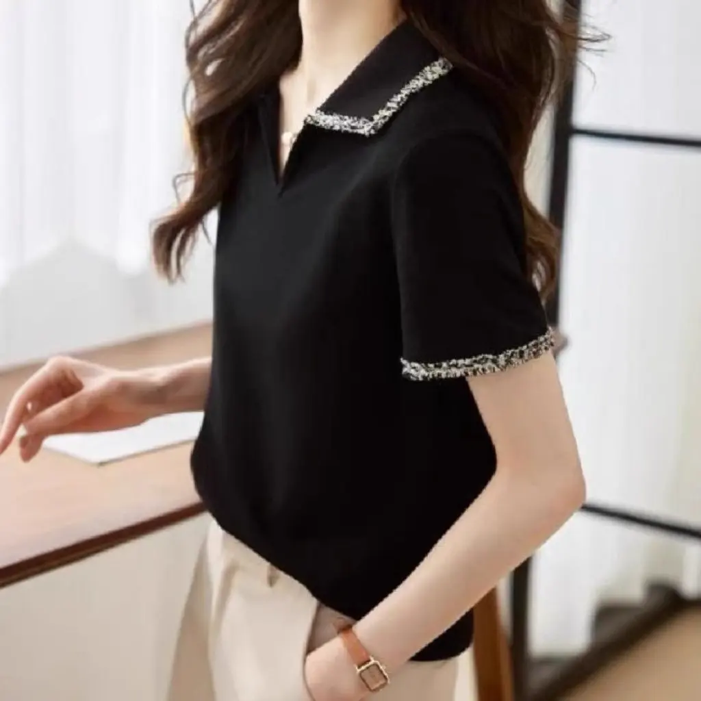 

Летний женский элегантный стильный топ с воротником-поло для похудения с коротким рукавом, модный универсальный модный дизайн