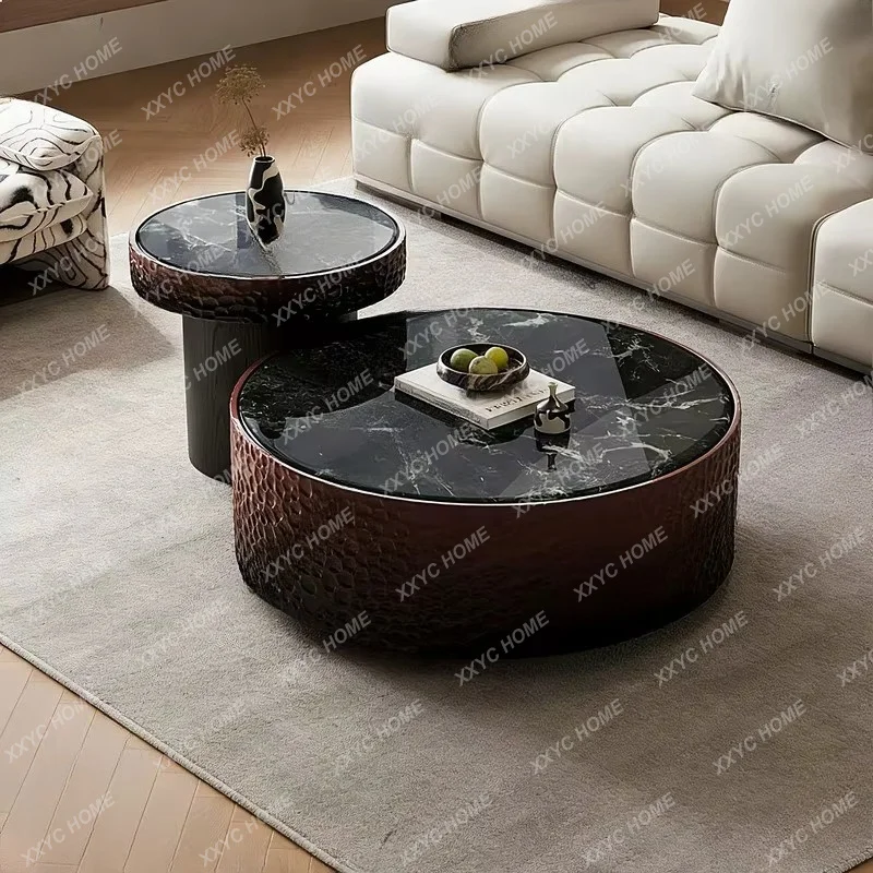 XX Minimalist Coffee Table Set for Living Room, Round Crystal Stone Marble High Gloss Paint Design