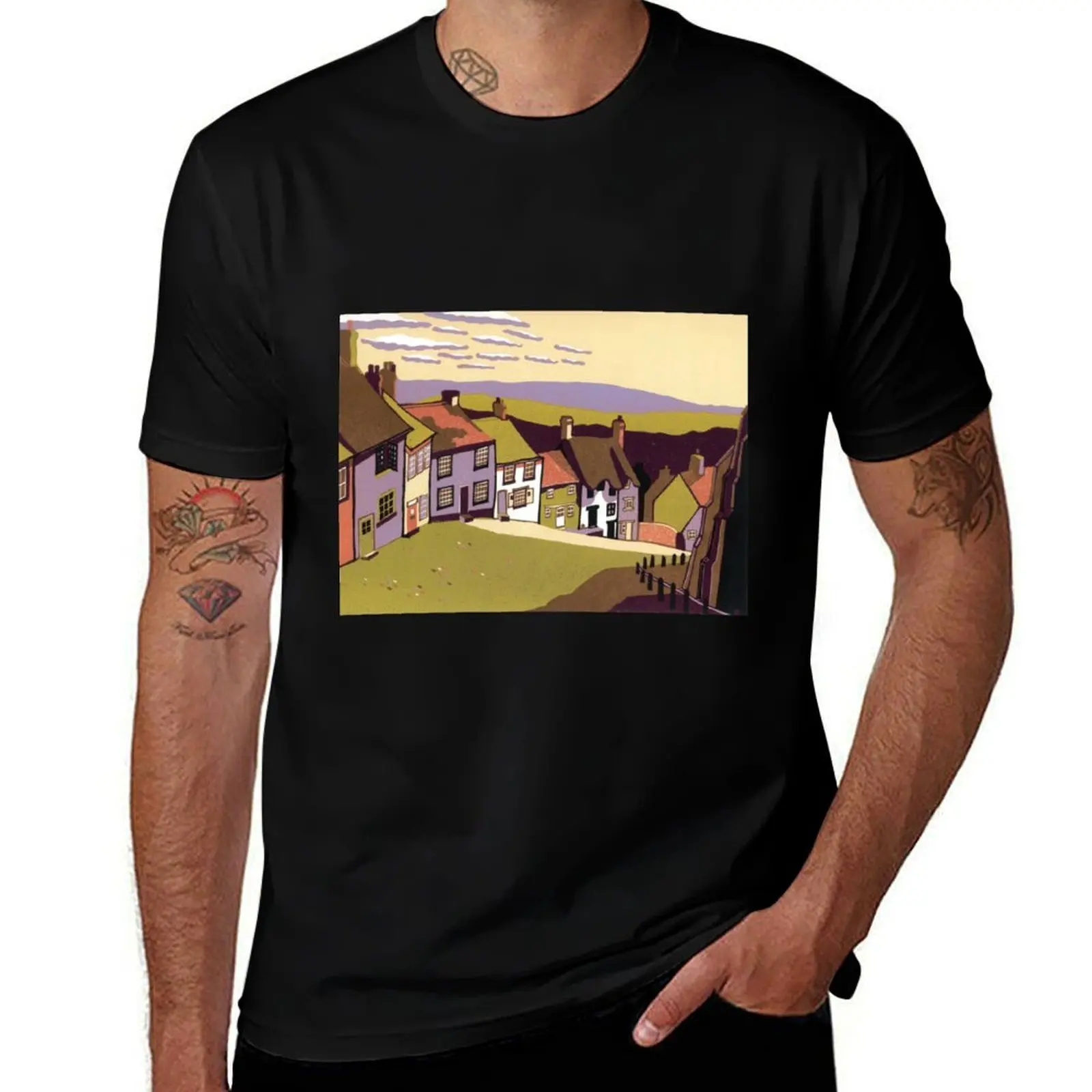Gold Hill - linocut by Francesca Whetnall T-Shirt Daily Casual Short Sleeve Tee Shirt T-Shirt