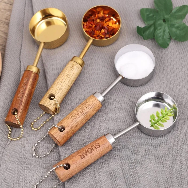 1/4pcs Stainless Steel Measure Spoon With Wooden Handle Baking Tools Coffee Measuring Scoop Hangable Rustproof Flat Bottom Spoon