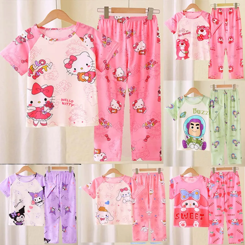 

Hello Kitty Girls Pajamas Sets Short Tops+Long Pants 2 Pieces Kuromi Soft Children's Sleepwear Kids Pyjamas Suits Nightwear