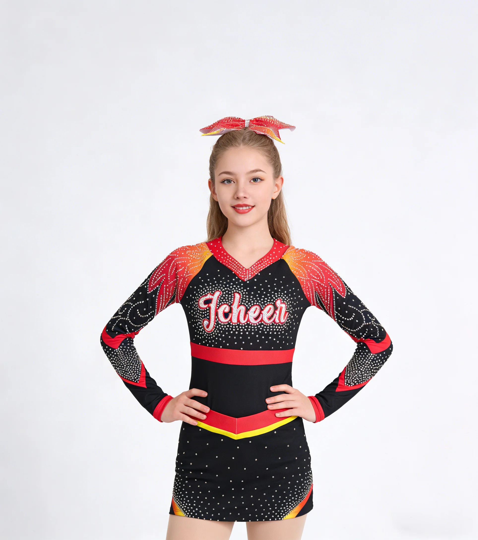 

Sparkly Flame Cheerleading Uniform for Girls Long Sleeve Rhinestone Cheer Outfit Bow Cute Performance Costume Cheer Competition