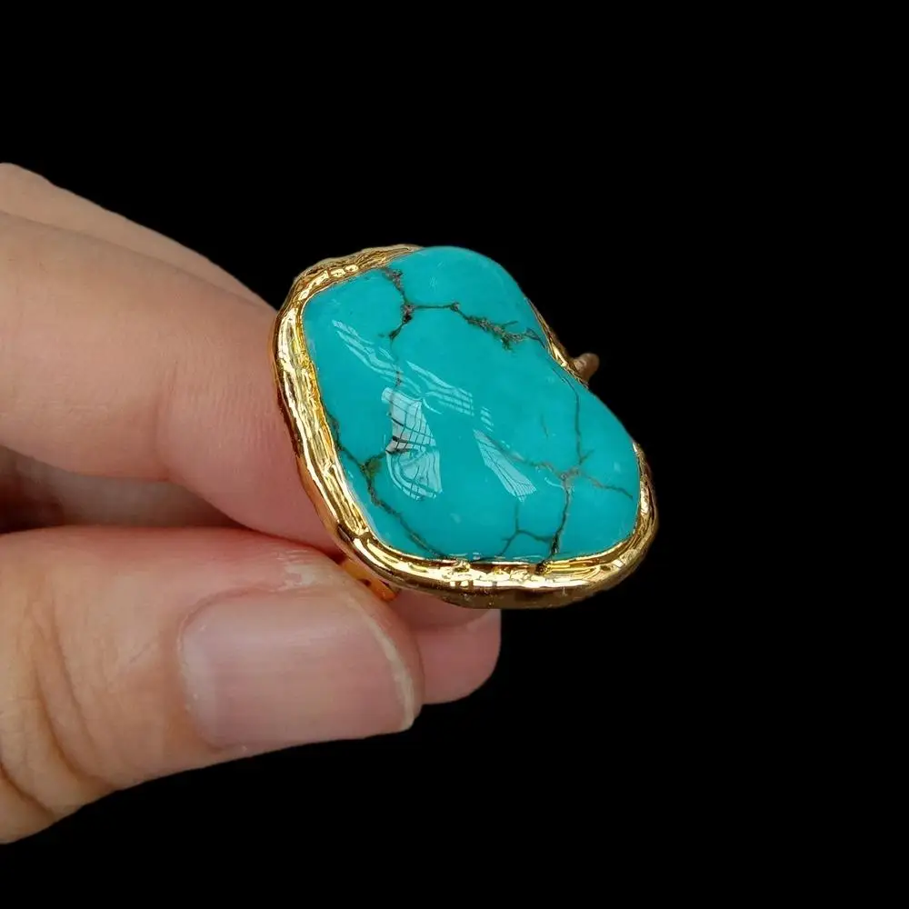 

Big Blue Turquoise Rings New Fashion Gold Plated Stone Ring adjustable