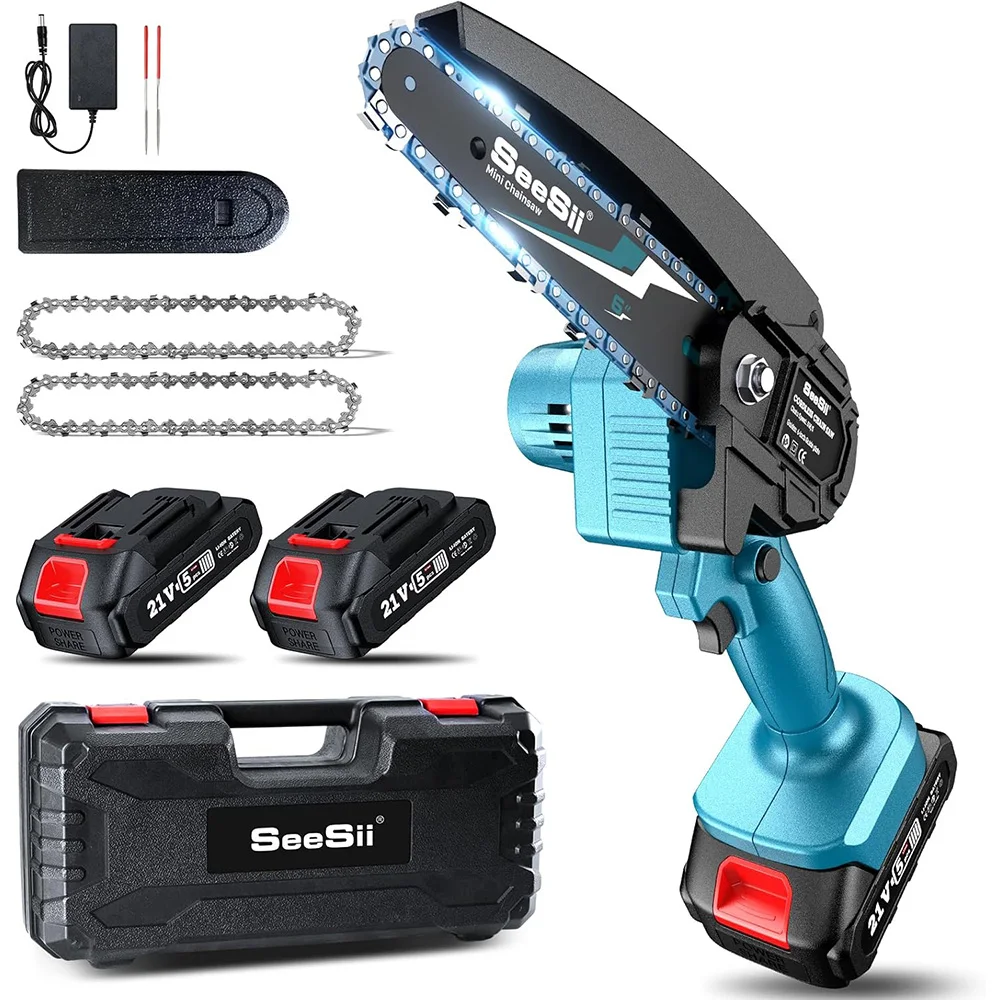 SEESII 6'' Cordless Mini Chainsaw Handheld Electric Power Chain Saw with 2 Batteries for Tree Trimming Wood Cutting Best Gifts