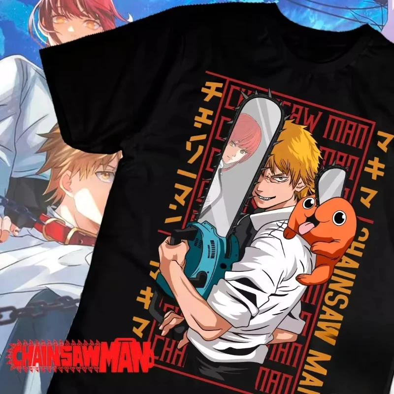 T-shirt a maniche corte stampata con motivo in cotone anime giapponese Chainsaw Man Retro Uomo Donna Bambini Casual Allentato Streetwear Top Tees