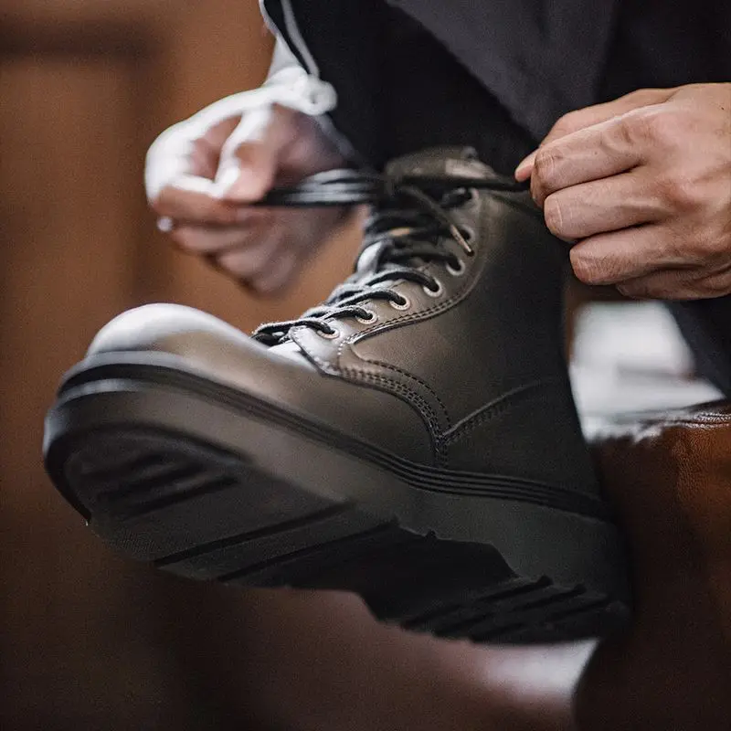 Maden masculino retro estilo britânico preto botas de sola grossa versátil meados de bezerro botas de trabalho dedo do pé redondo sapatos de couro casuais para o outono