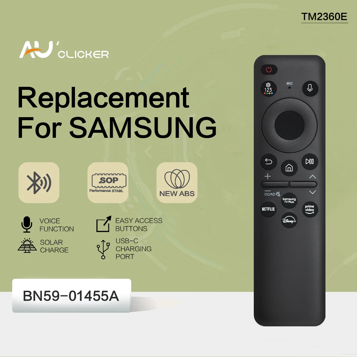 Voice Remote Control BN59-01455A Fit for Samsung Rechargeable Solar Cell Voice TV Remote BN59-01439A