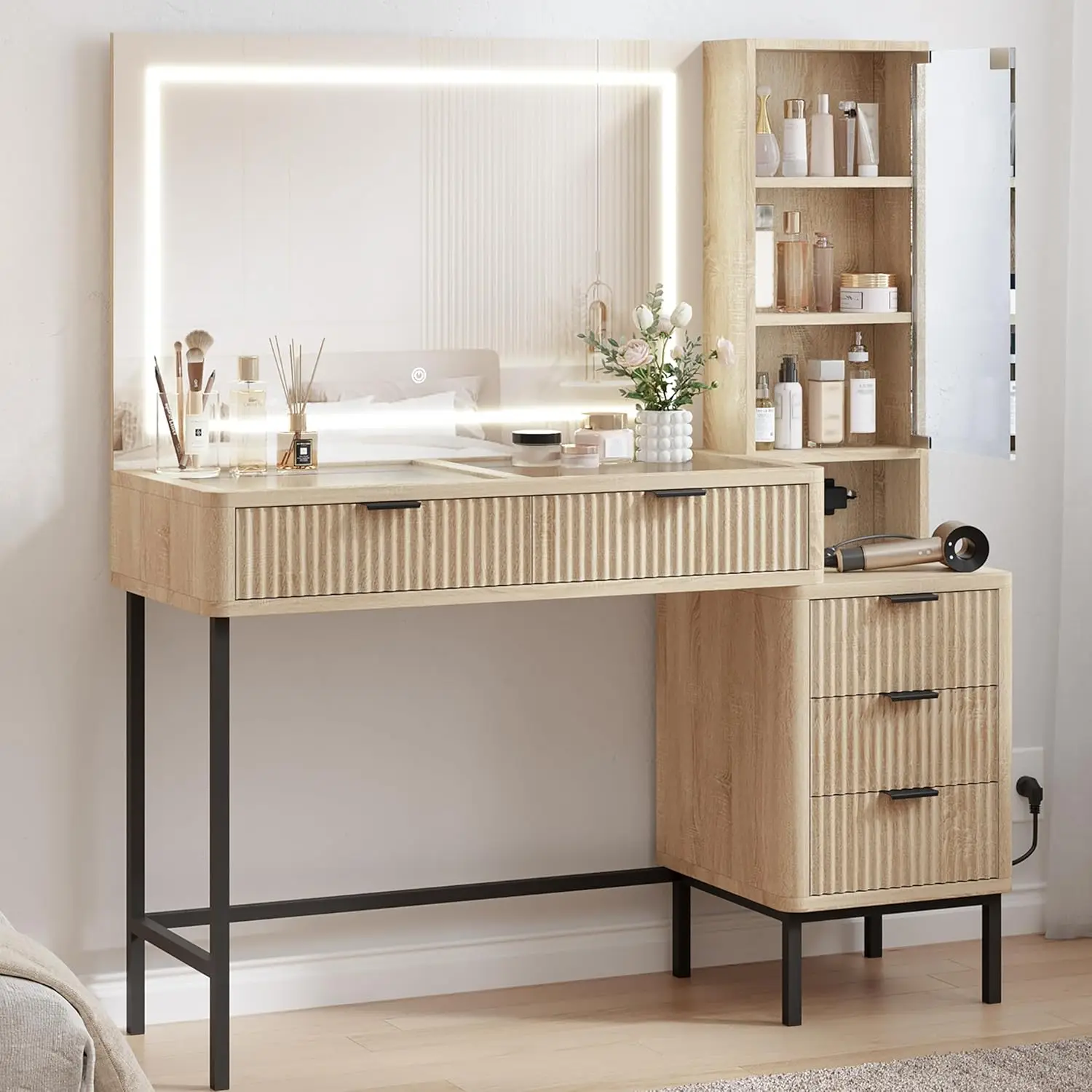 โต๊ะเครื่องแป้งแต่งหน้าแบบร่องขนาด 48 นิ้วพร้อมกระจกและไฟขนาดใหญ่ 36 นิ้ว โต๊ะเครื่องแป้งขนาดใหญ่ 5 ลิ้นชัก ชั้นวางของ 3 ชั้นและการชาร์จ