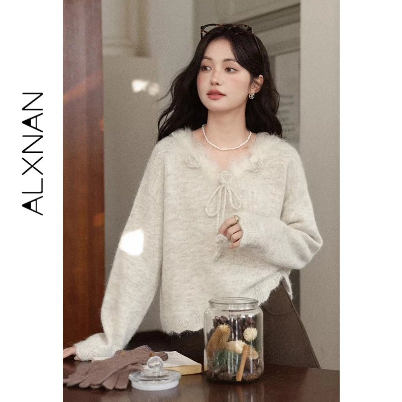 

ALXNAN Women's Wool Sweater Oatmeal V-neck Furry Trim 3D Floral Tie Design Pullover Spring Long Sleeve Loose-fit Tops DYL662345