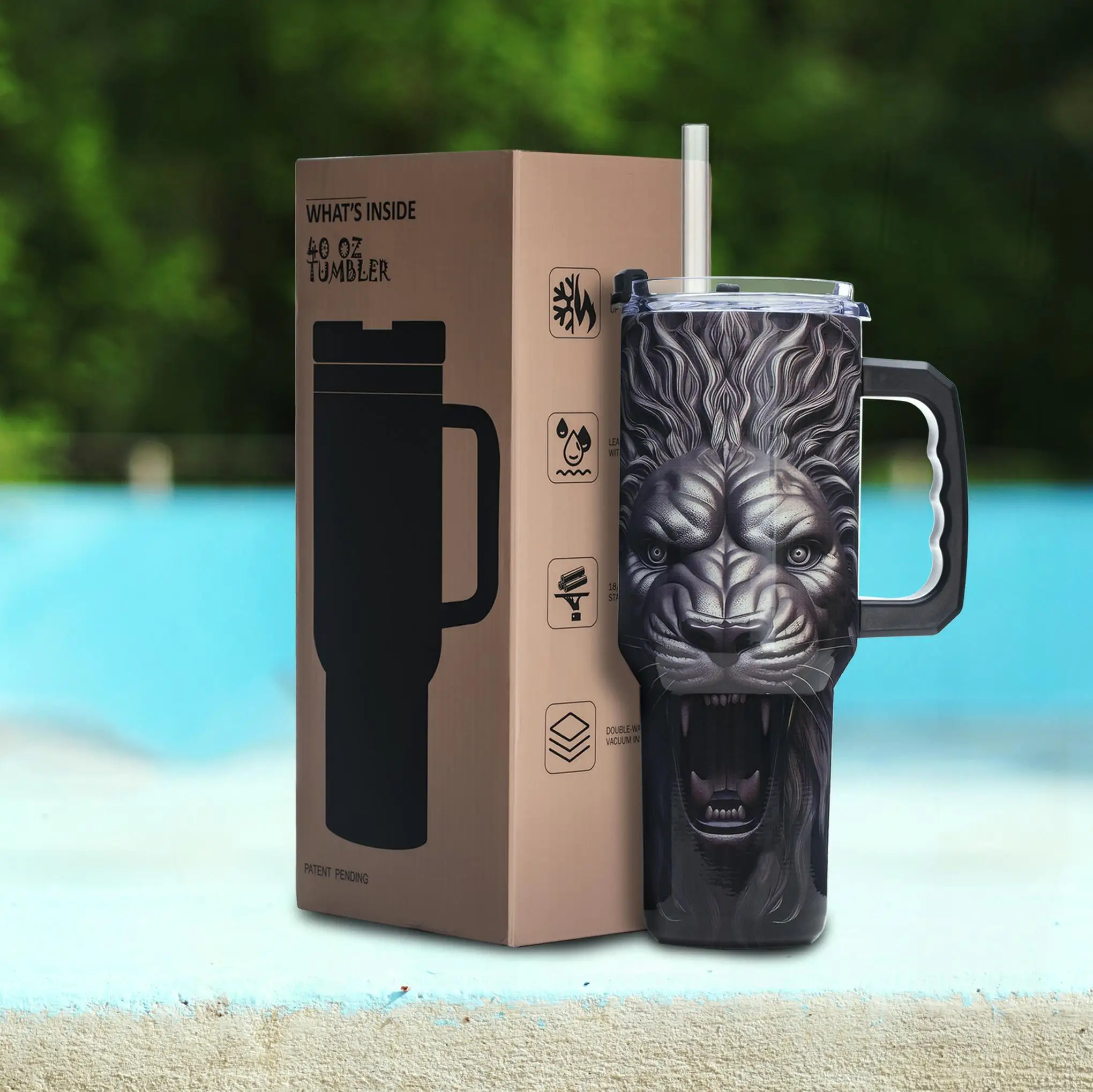 

Стакан с головой льва из нержавеющей стали, 40 унций, с 3D-принтом, вакуумной изоляцией, откидной крышкой, ручкой, широким горлышком, подарок для мужа