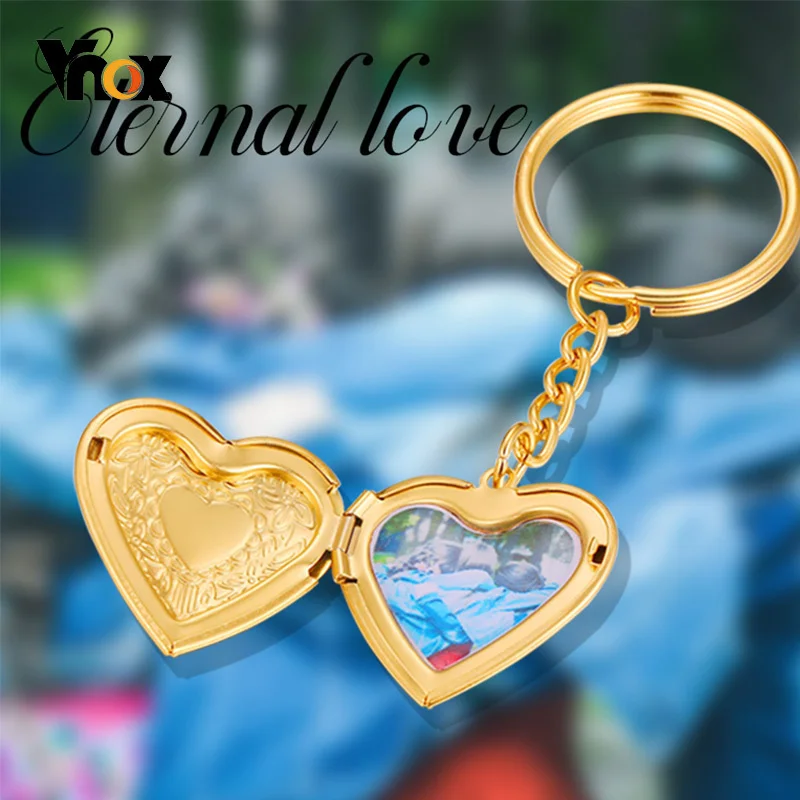 Vnox Photo Customized Key Chain, Stainless Steel Heart Charm Image Insert Locket Keychain,Casual Romantic Unisex Women Accessory