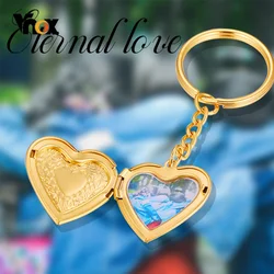 Vnox-llavero personalizado con foto para mujer, accesorio de acero inoxidable con imagen de corazón, medallón insertado, informal, romántico, Unisex