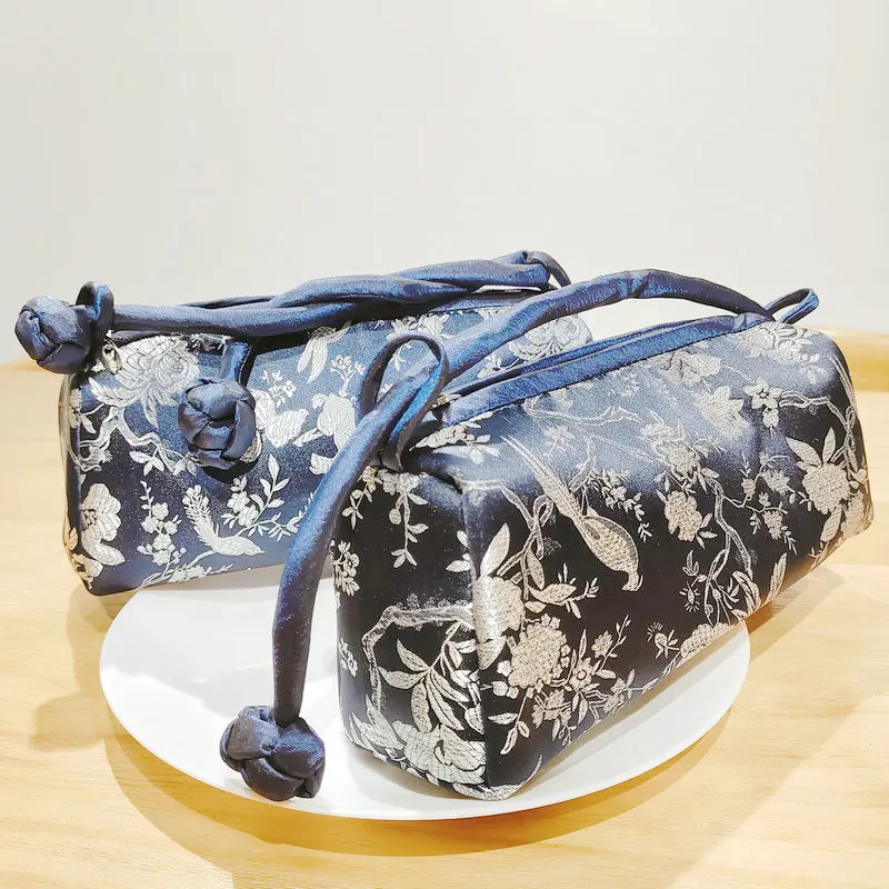 Oriental Aesthetic Women Navy Blue Jacquard Brocade Bag Floral Pattern Ethnic Handbag Qipao Hanfu Tangzhuang Retro Accessories