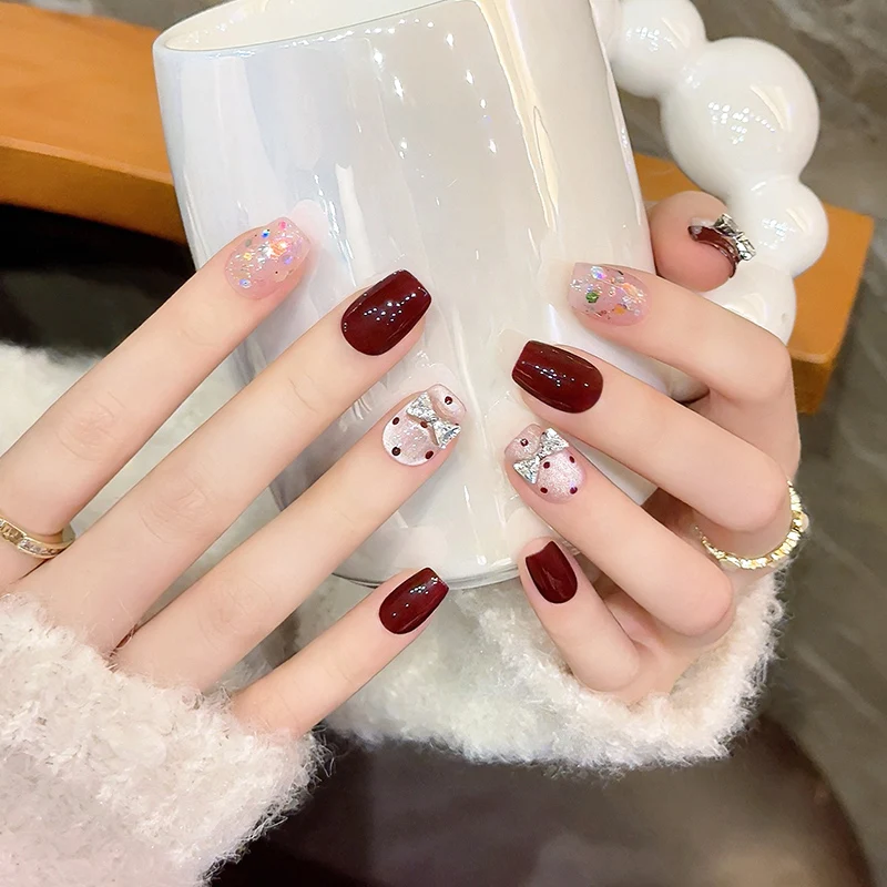 10pcs Handmade Bowknot Design Press On Nails Sweet Polka Dot Cat Eye Fake Nail Full Cover Nails Art Suitable for Girls 네일팁