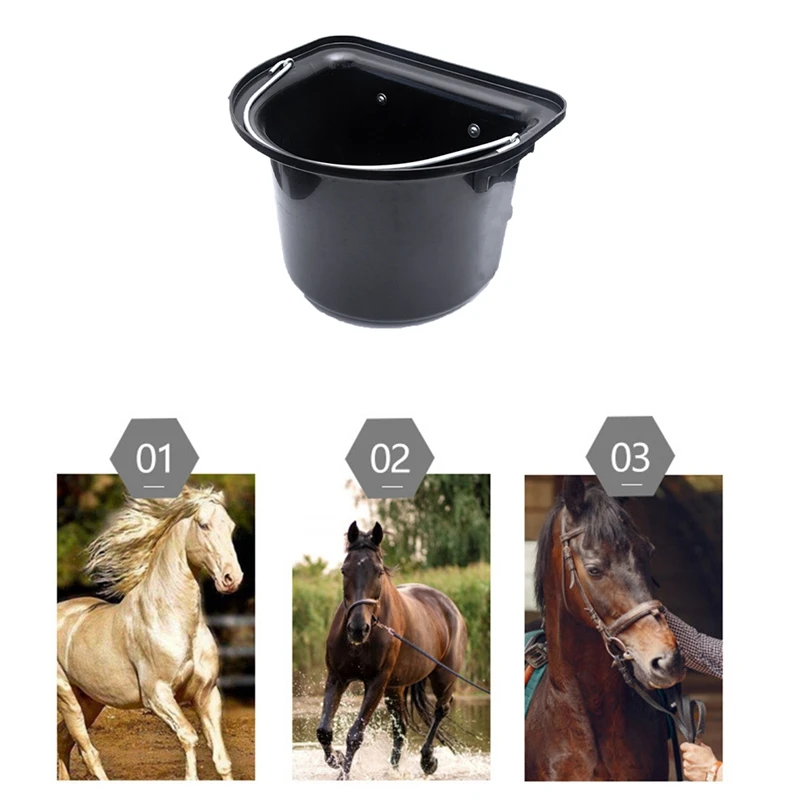 1 Piece Flat Back Plastic Animal Feed Bucket Animal Feed Bucket Black Plastic+Metal With Metal Handle Horse Feed & Water Bucket