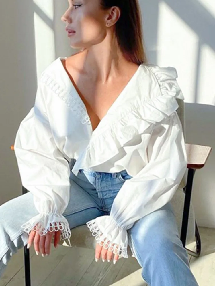 

Осенняя новинка: женская блузка в французском стиле с воротником-рюшами из шифона, элегантная, с рюшами, эластичными манжетами и длинными рукавами