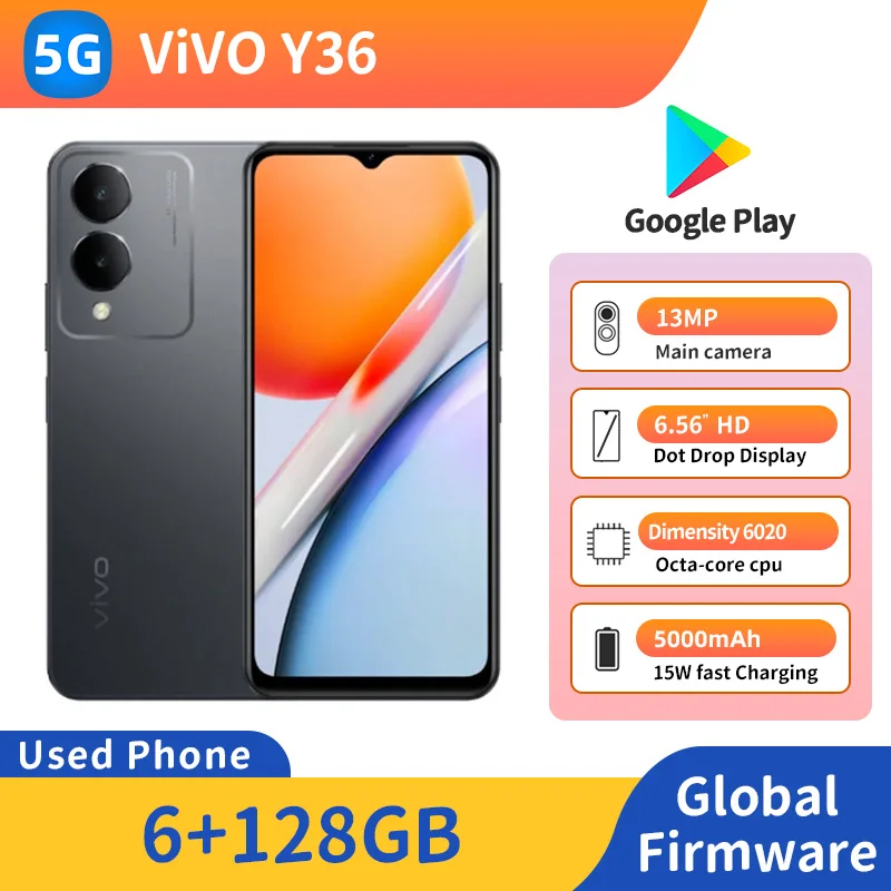 هاتف ذكي VIVO Y36 5g أصلي لوحدة المعالجة المركزية الأبعاد 6020 شاشة 6.56 بوصة ROM 128GB 90HZ 15W شحن كاميرا 13MP هاتف مستعمل يعمل بنظام أندرويد