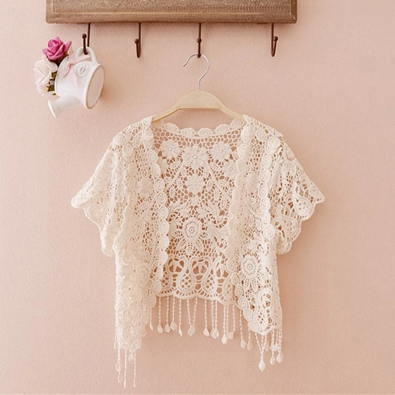 

Women Tassels Lace Shrug Cardigan with Short Sleeve Sheer Crochet Floral Jackets P8DB