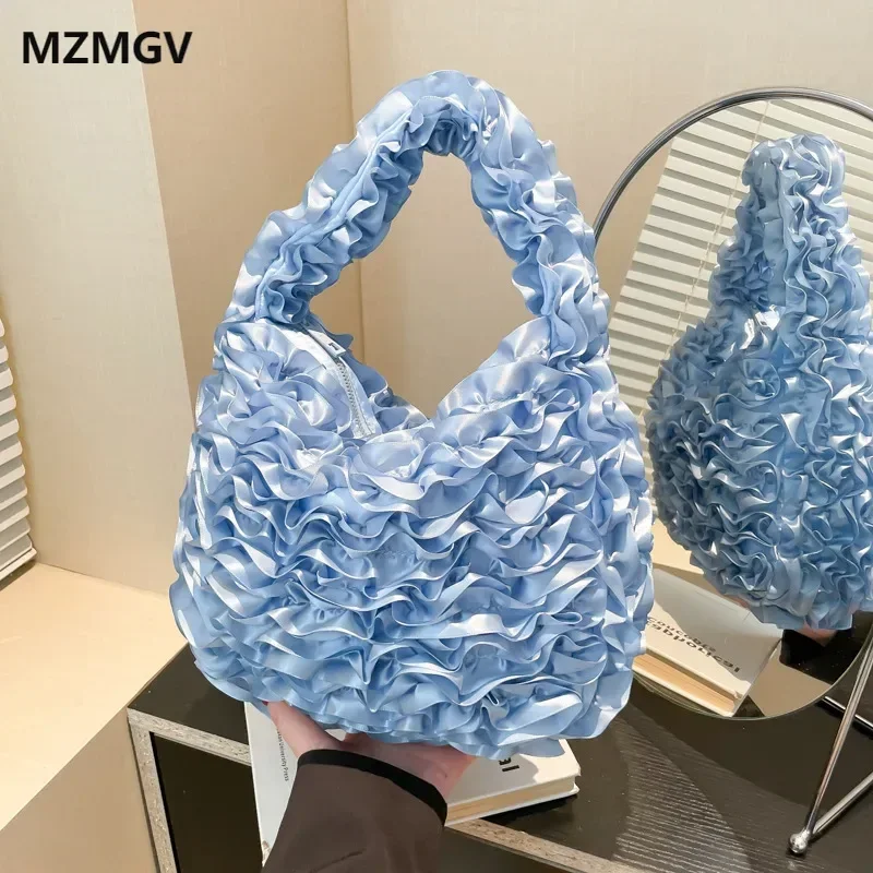 

Sweet Girls Floral Pleated Hand-held Bag Lace Soft Gauze Patchwork Lightweight Handbag for Female Spring Summer New Arrivals