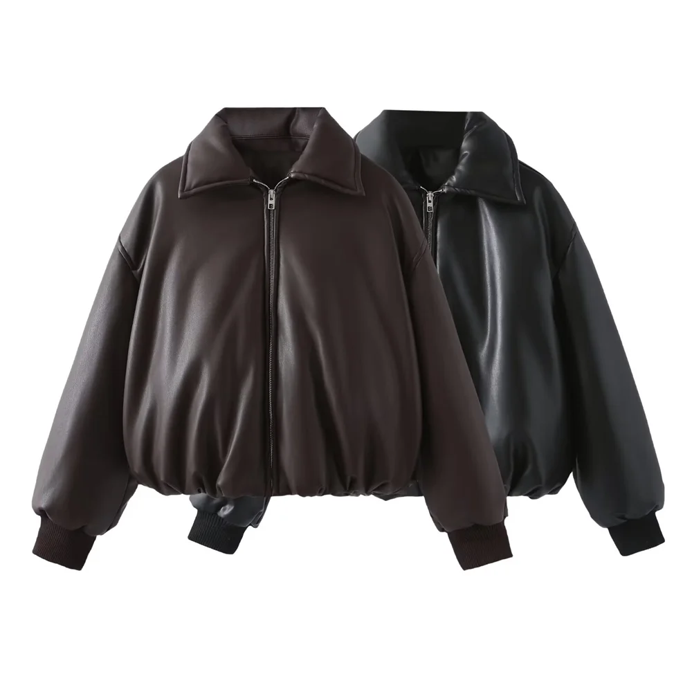 TRAF Autumn New Product Casual Fashion Retro PU Leather Cover Loose Thick Warm Cotton Jacket Short Coat Jacket