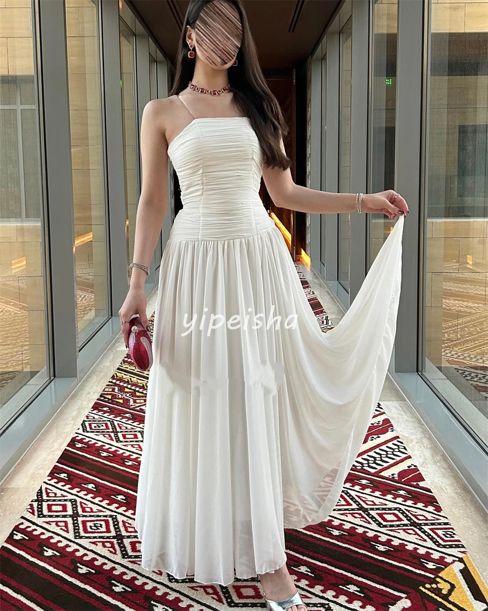 Customized Elegant Simple Chiffon Pleat Ruched Straight Strapless Ankle Length Dresses Bespoke Occasion Dresses Sizes Available