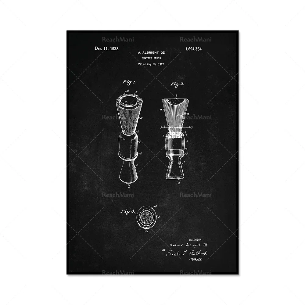 Barber shop patent 4-piece set, fashionable cool gifts, brushes, razors, shaver, scissors, barber shop artwork, patent print dec