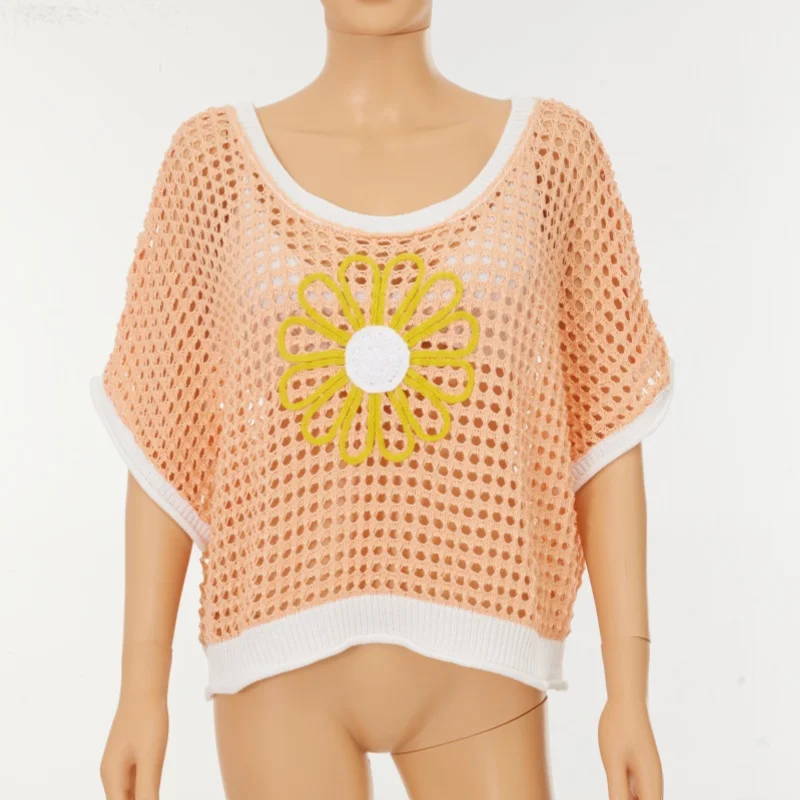 

Women's Summer Crochet Sweaters Half Sleeve O Neck Daisy Embroidery Hollow Knitwear