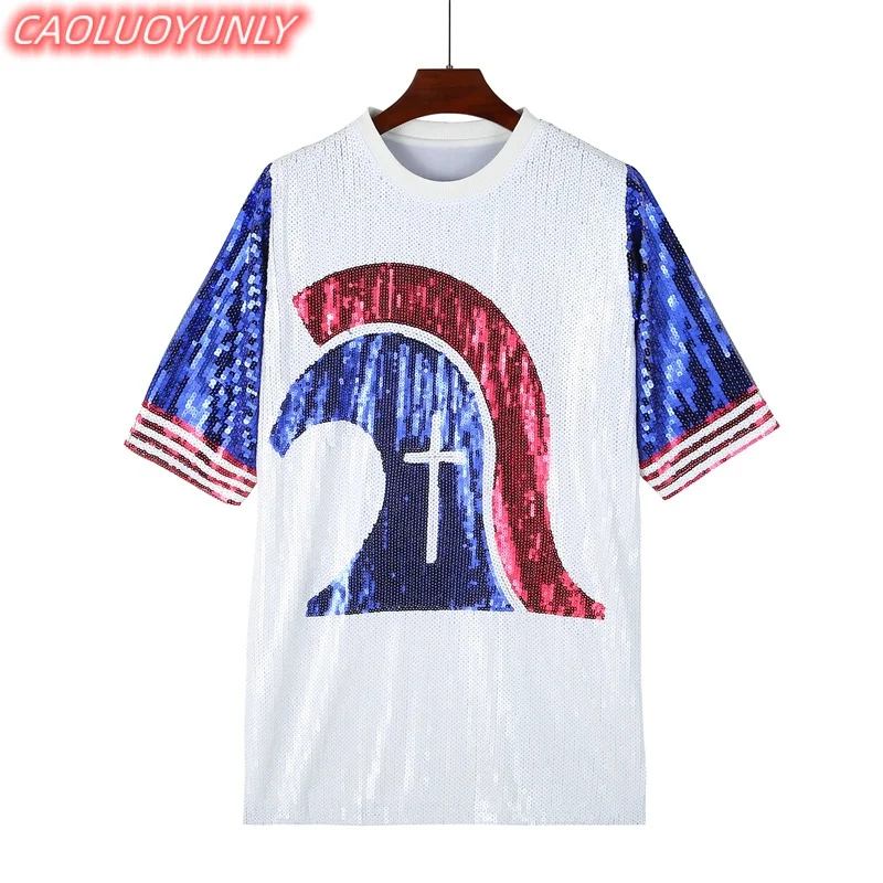 

Summer New High Quality Streetwear Sequins Striped Cartoon Short Sleeve T-Shirt Hip Hop Round Neck Straight Loose Women' Wears