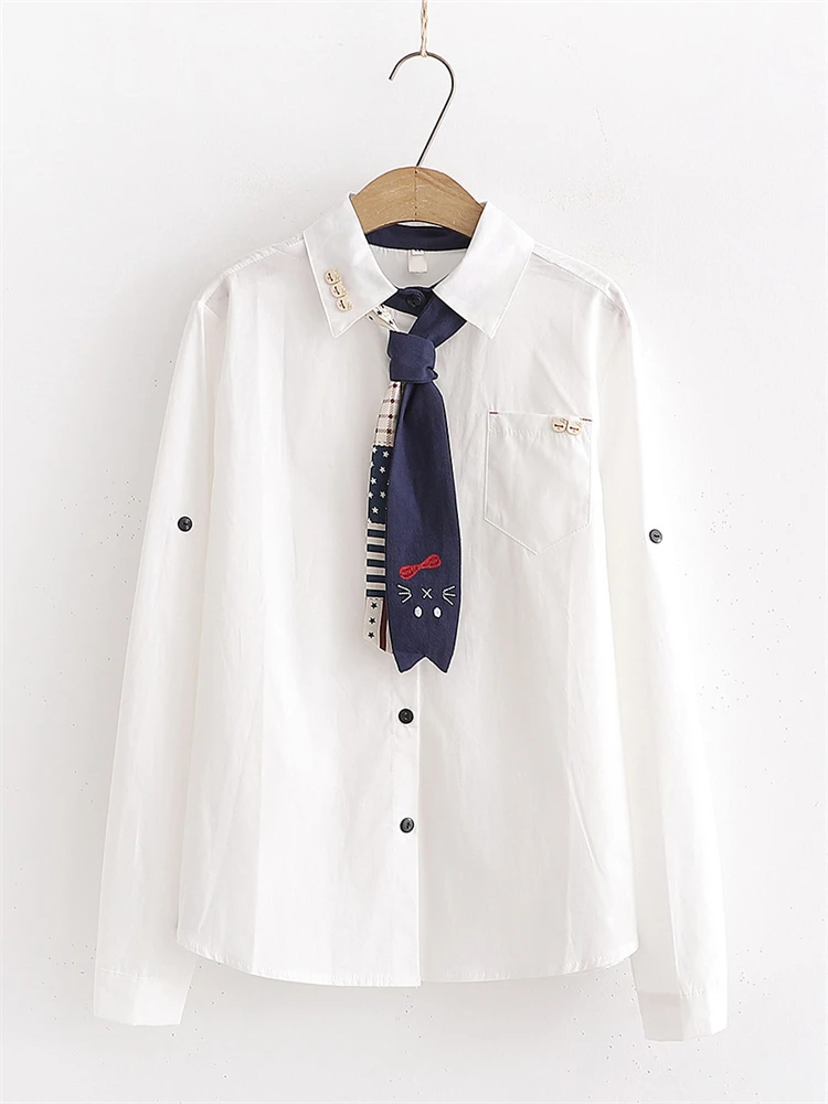 Spring Fall Fashion Women\'s Cat Button Turn Down Collar Cute White Shirt Student Kawaii Campu Style Tie Long Sleeve Blouses Tops