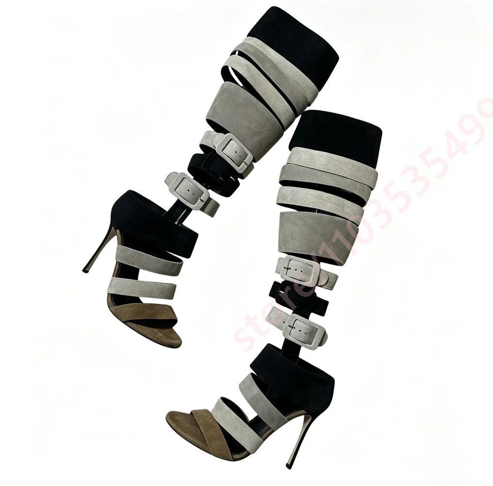 Women Multi Color Block Strappy Knee High Gladiator Sandals Buckle Strap Stiletto Open Toe Thigh High Heel Sandal for Club Party