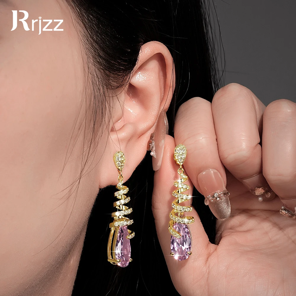 Rrjzz Sparkling Pear 8x18mm Pink Morganite Spiral Drop Earrings Moissanite Vintage Sweetness Women Dangle Earrings Jewelry Gifts