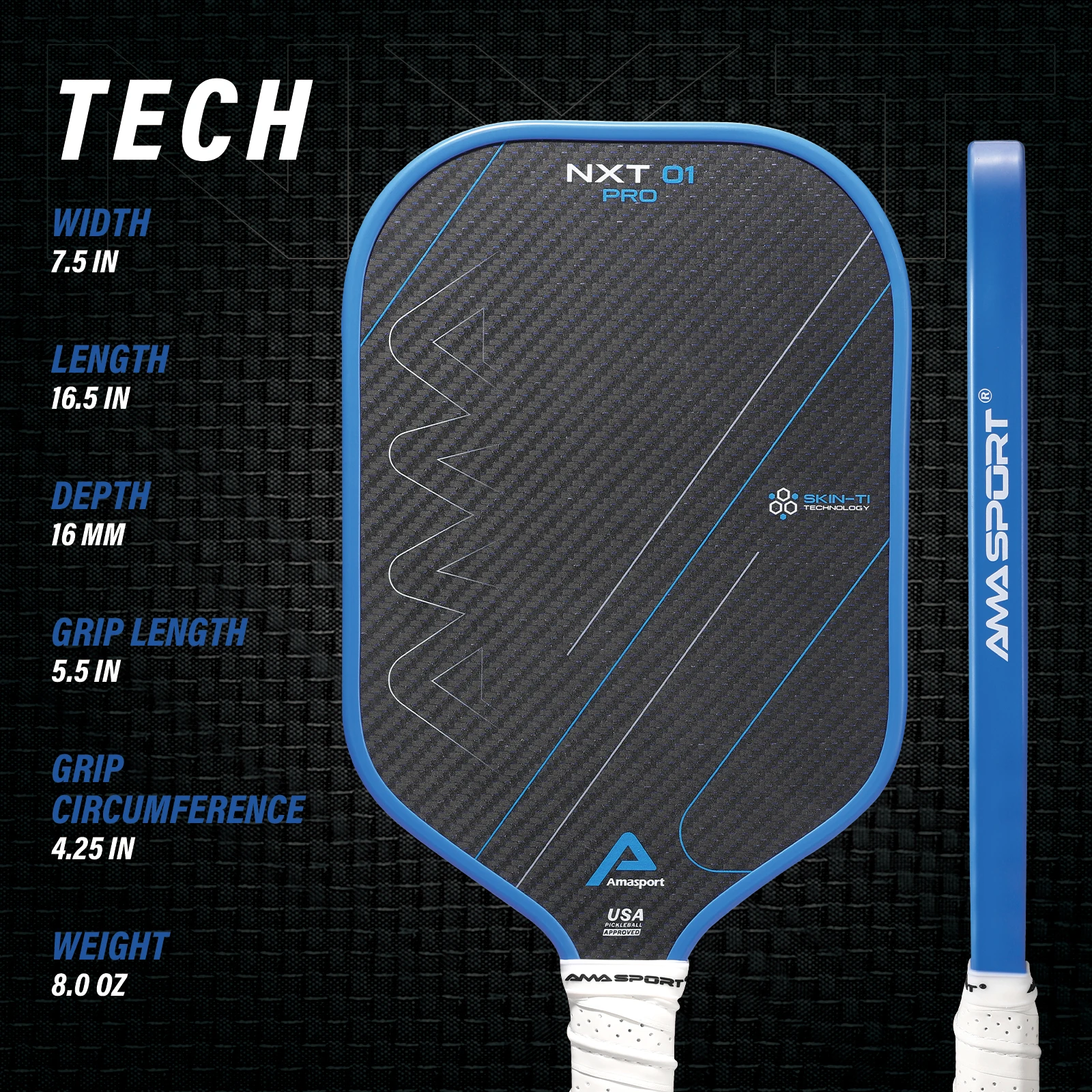 Paleta de Pickleball de carbono y titanio AMA Sport, tecnología de cama de carbono entrelazada, marco con carcasa de carbono con raqueta de grano alto y borde giratorio