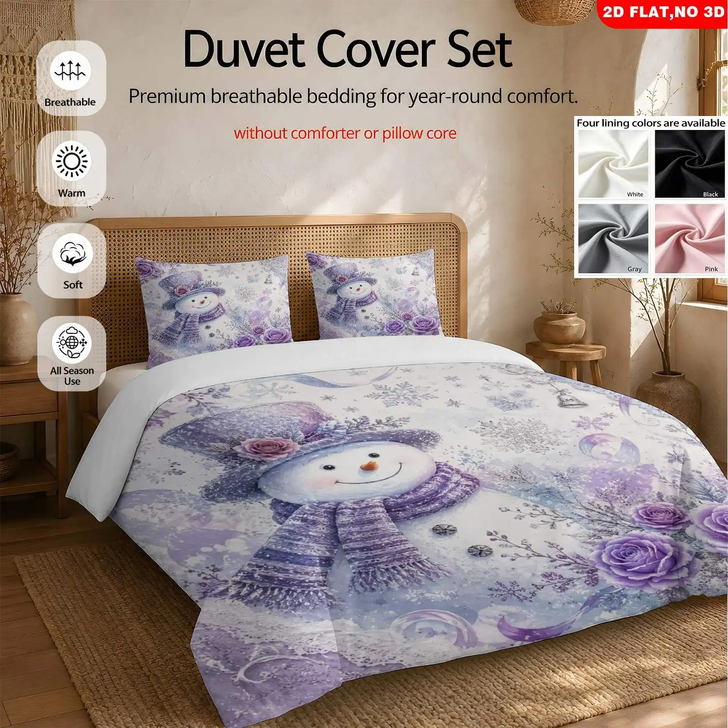 The Latest Printed Quilt Cover Set, 2D Flat Printed Snowman and Purple Rose Quilt Cover Bedding Set, Three-Piece Printed Quilt Cover Set for Cozy Bedroom Decoration (Suitable for All Seasons, Machine Washable, Invisible Zipper, Large Quilt Cover Set, Bedding Set Quilt Cover)
