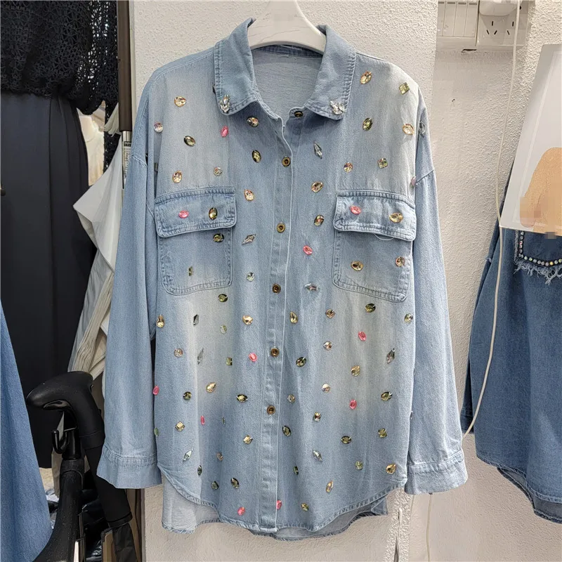 Retro Chic Light Luxury High-end Denim Shirts Women's 2025 Early Spring New Pocket Decoration Shirt Female Versatile Inner Tops