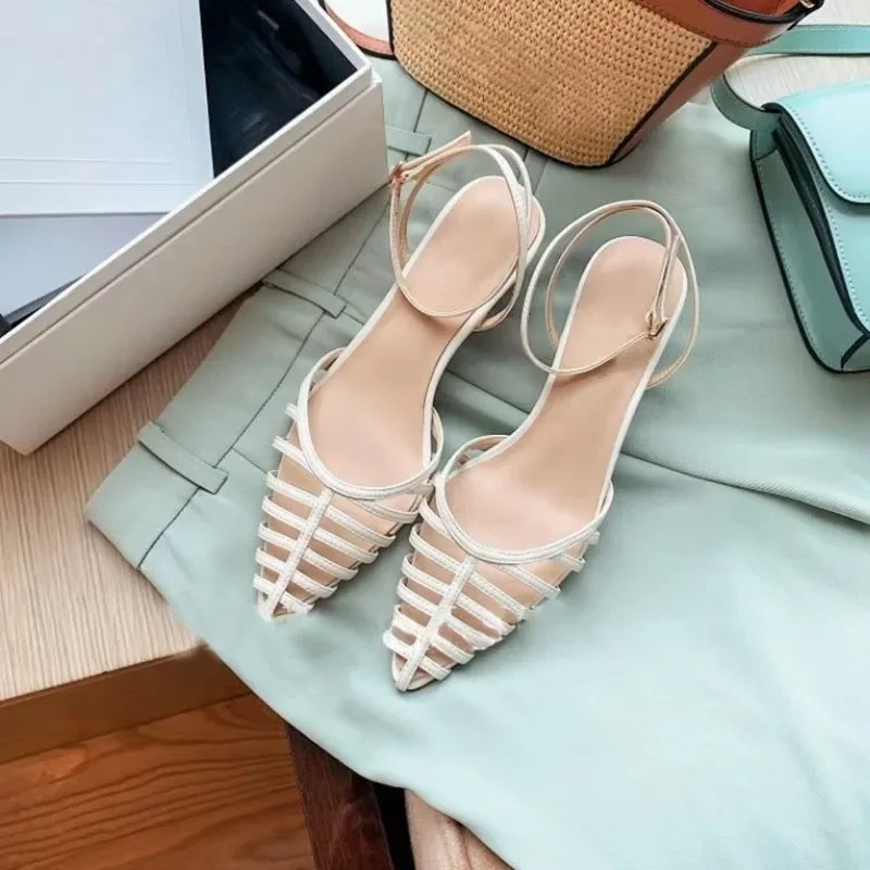 

Black Pointed Sandals Women's Summer Niche Design Sense of High-grade One-button Hollowed Out Roman High Heels Zapatos De Mujer