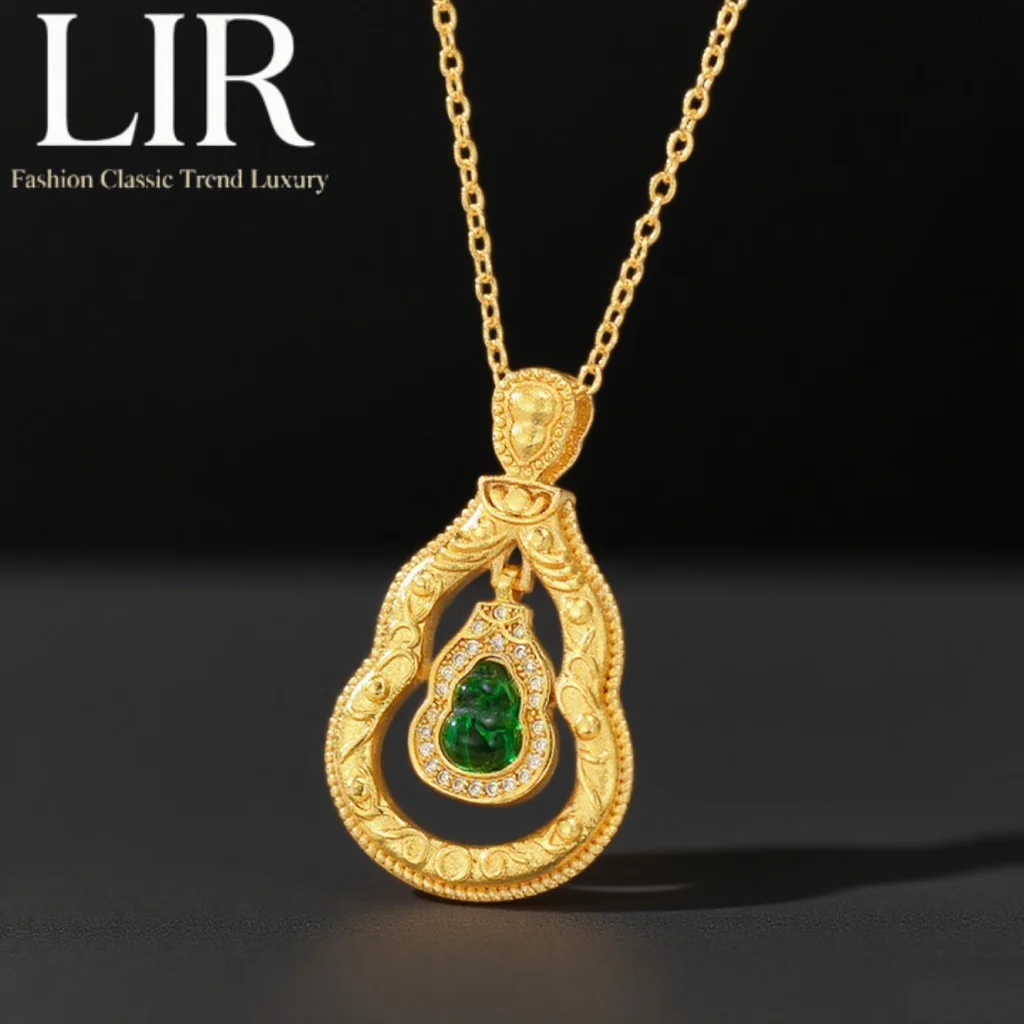 

LIR Double - Layered Gourd Pendant Necklace: Hollow Design, Green Glaze Inlay, Feng Shui Luck Symbol, Trendy Women's Jewelry