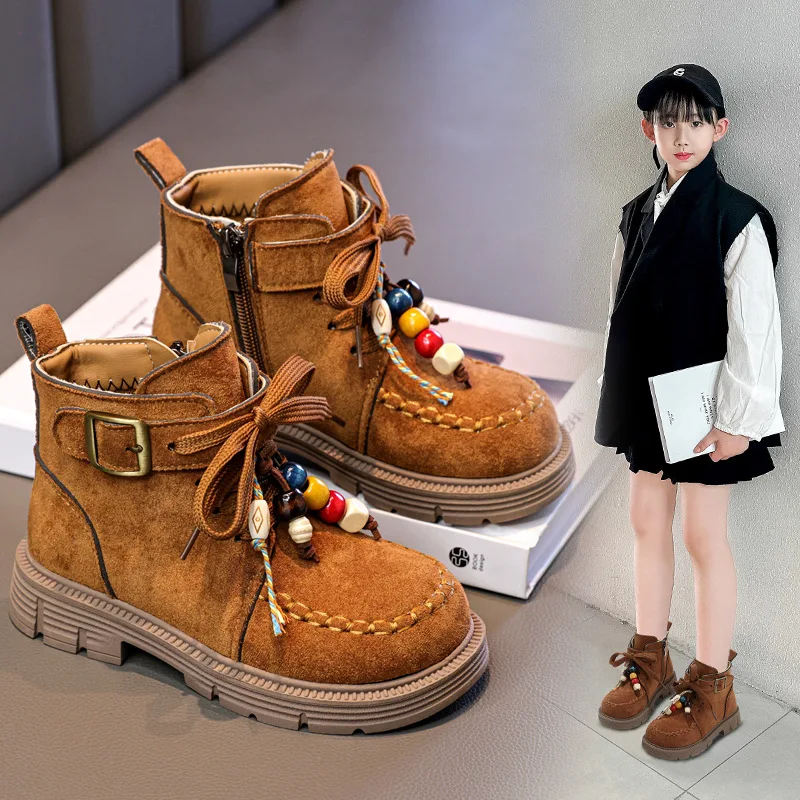 

Children's Thick-soled Fashion Boots 2025 Autumn/Winter Ethnic Style Beaded Girls' Short Boots Big Kids Retro Chelsea Boots