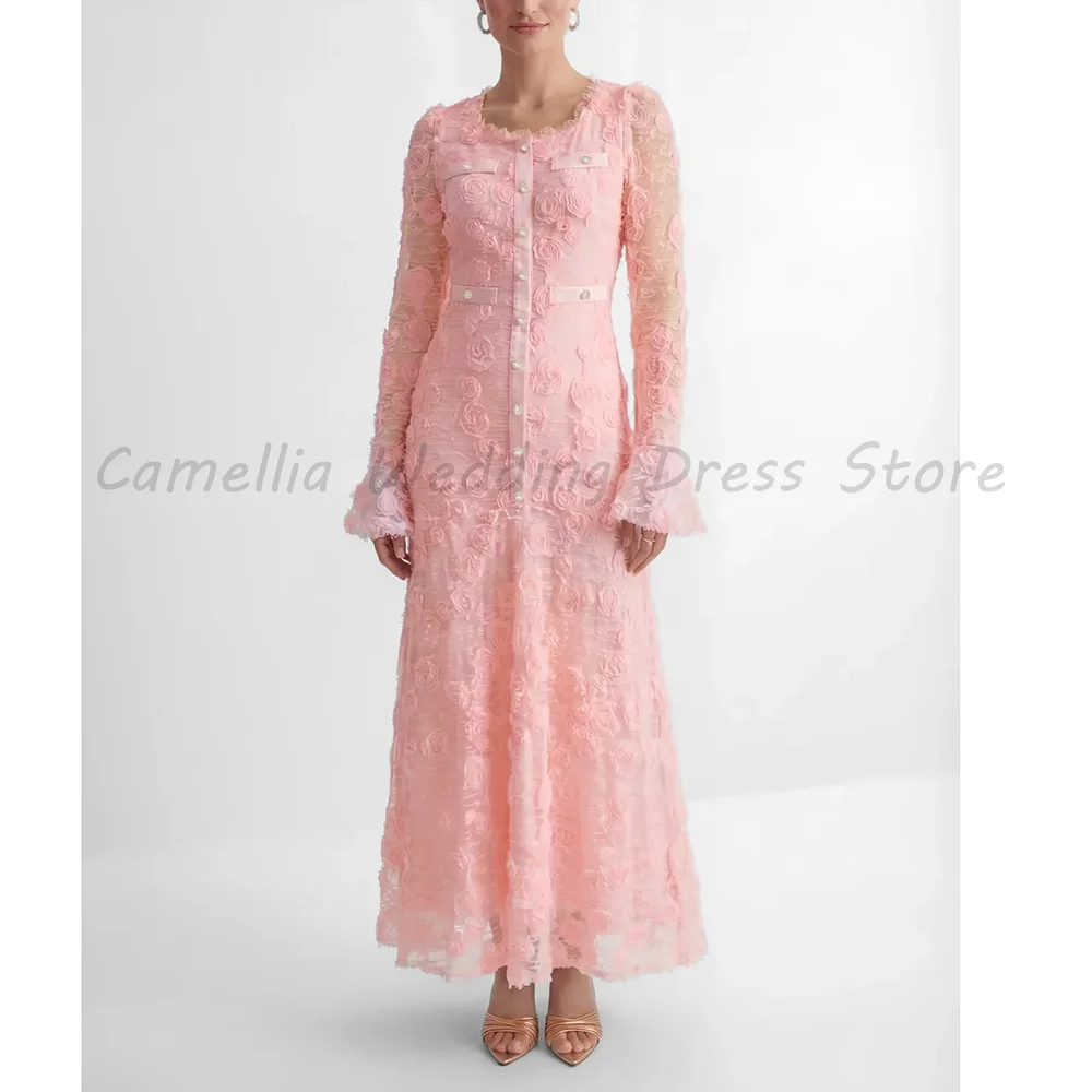 

Pink 3D Rose Lace Maxi Dress 2026 Luxury Long Sleeve Button Detail A-Line Formal Evening Gown For Women