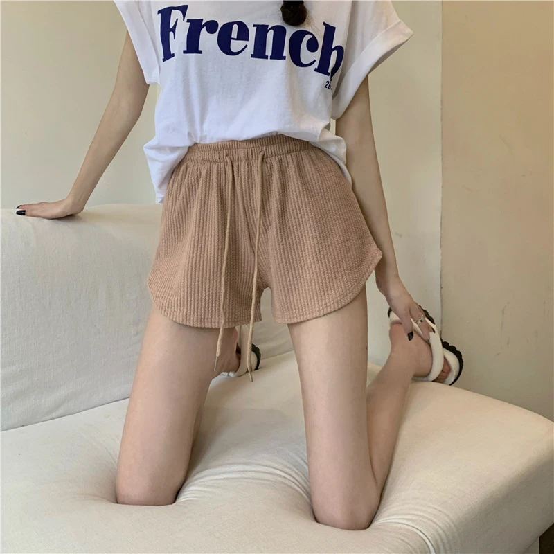 Summer Women's Casual Shorts Fashion Solid Color Waffle Loose Drawstring Shorts Holiday Leisure Fitness Running Shorts