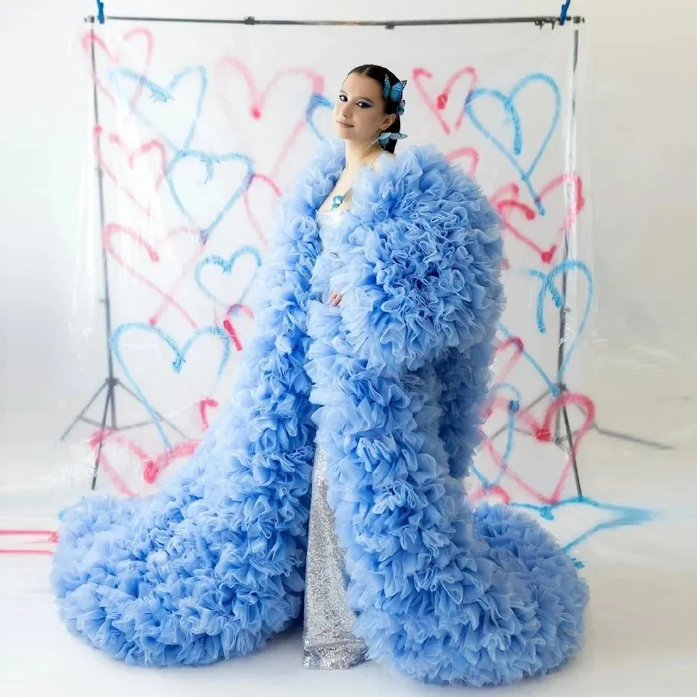 Sky Blue Fluffy Tiered Tulle Long Women Jacket Lush And Long Full Sleeves Cape Vest Outfit Female Outwear Coat