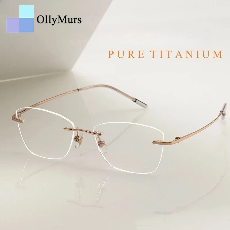

OLLYMURS Fashionable Good-looking Cat-eye Rimless Women's Glasses Frame Ultra-lightweight Pure Titanium Optical Prescription Eye