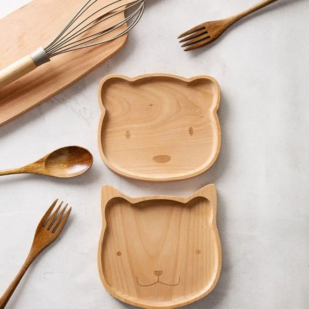 

Multipurpose Solid Wood Cartoon Dinner Tray Cute Animal Pattern Children's Rice Plate Odorless Wood Food Dishes Meal