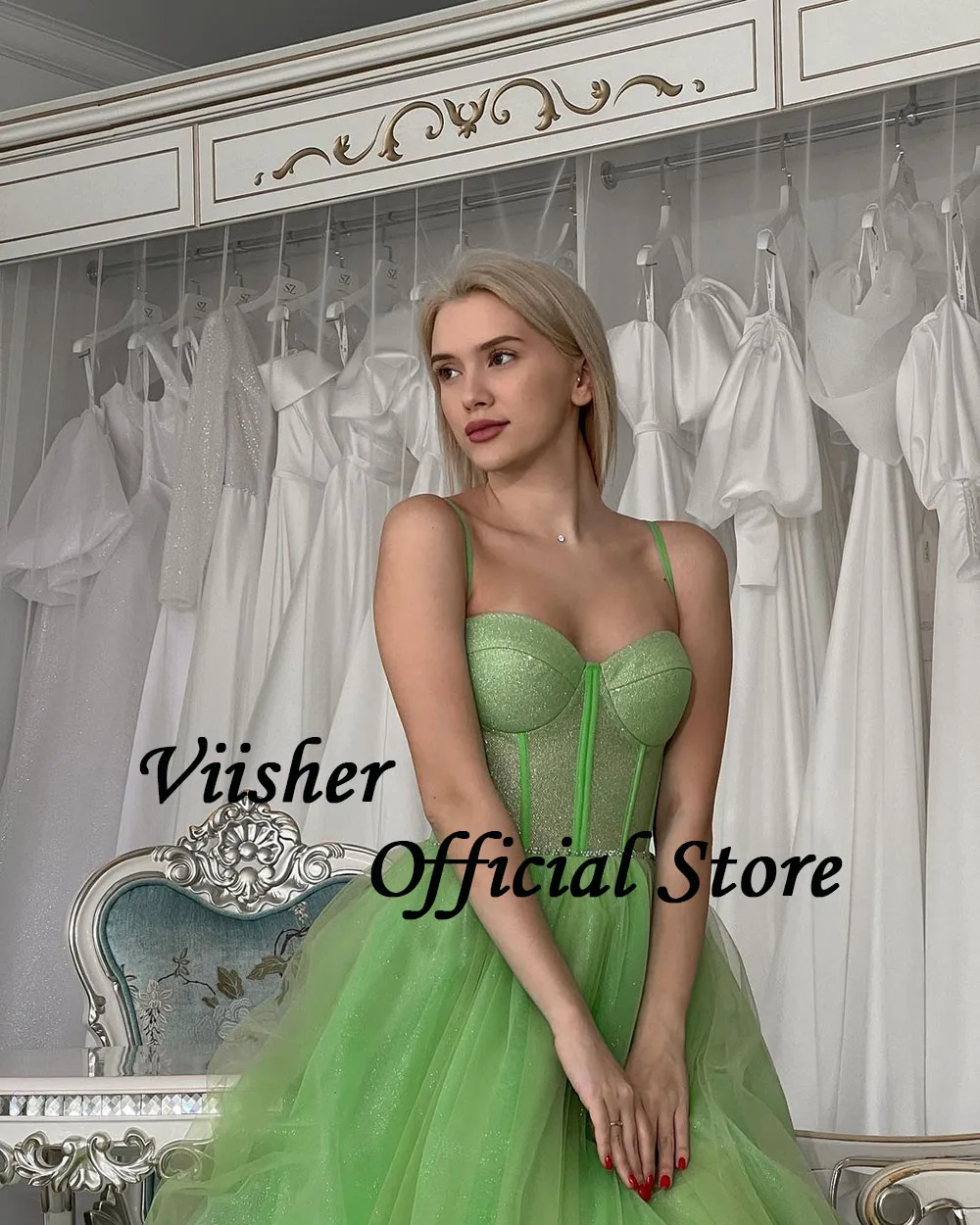 Viisher Sparkly Green Fairy Prom Dresses Bone Corset Sweetheart Evening Party Dress Spaghetti Straps A Line Celebrate Gown