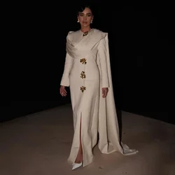 Customized O-neck White Elegant Crystal Full Sleeves Evening Dresses Sweep Train Flower Floor Length Pageant Prom Gowns