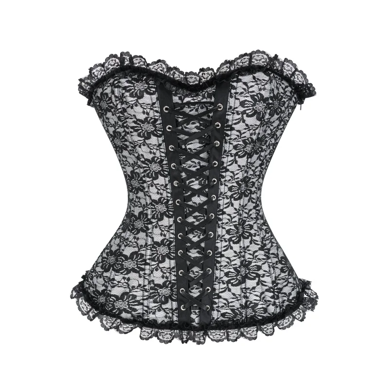 Espartilho gótico feminino com cadarço e jacquard floral e acabamento em renda – bustier cincher de cintura vintage para festa, casamento