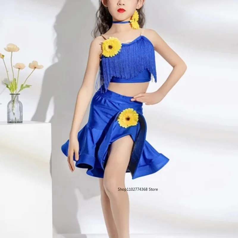 

Детское платье для латинских танцев, топы с кисточками на подтяжках, юбка Fabala, наряды для выступлений в латиноамериканском стиле, ча-ча