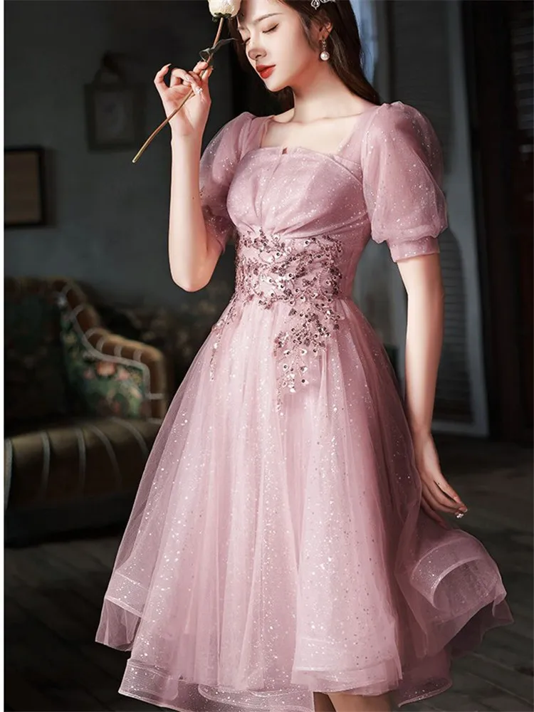 Dress Women Pink Elegant Sequin Square Neck Solid Color Short Sleeve Mid-length A-line Skirt Spring Summer Female Clothing M192