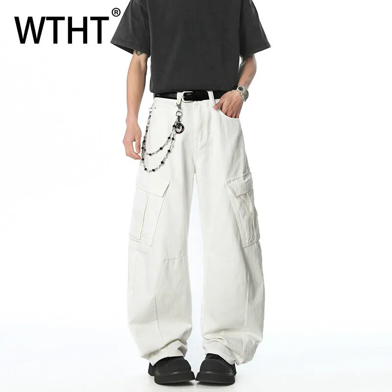 

WTHT Fashion Men's Solid Color Pockets Patchwork Design Cargo Denim Pants Vintage High-waisted Loose Straight Jeans Male 2A0341