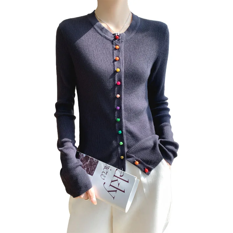 Women\'s 100% Merino Wool Sweater Round Collar Colorful Buckles Slim Fit Cardigan Autumn Winter Warm Jacket Casual Knit Basic Top